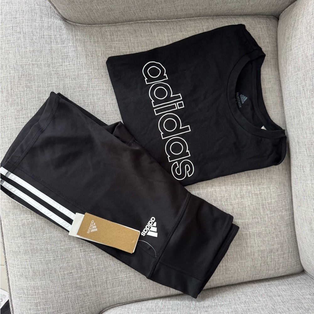 Adidas Black Crop T-Shirt and Biker Shorts Set